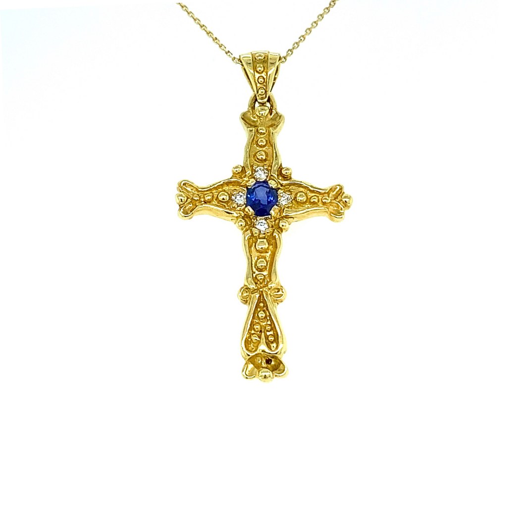 Sapphire & Diamond Cross in Yellow Gold