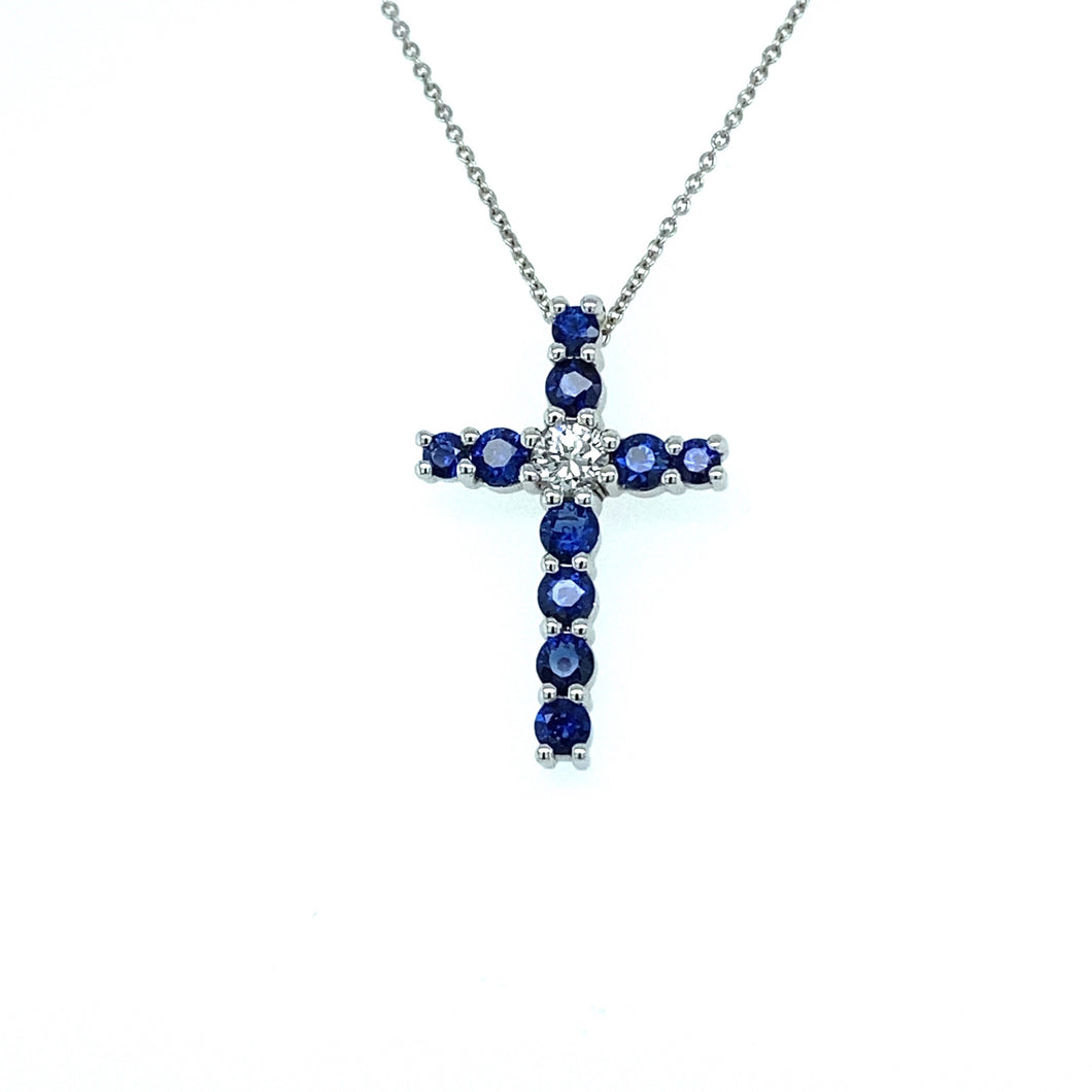 Sapphire and Diamond Cross in White Gold